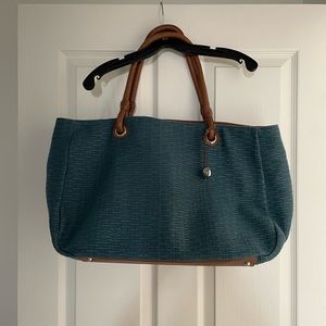 Furla Leather and Straw Large Shopper/Tote Bag Dark Teal